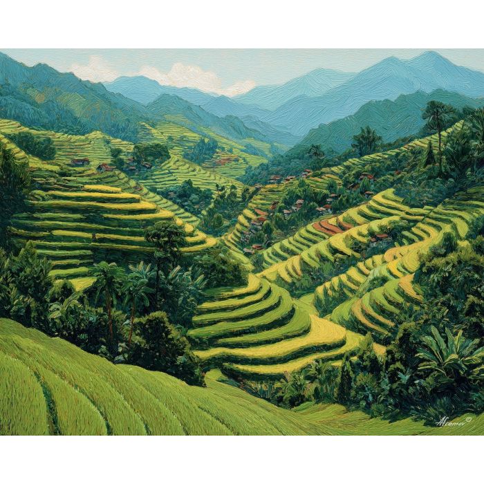rice terraces, green hills, oil painting, cultural landscape, painterly texture, everyday indonesia, detailed oil