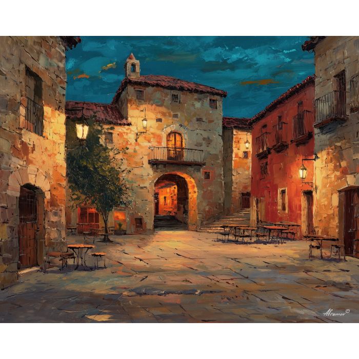 spanish plaza, town square, oil painting, cultural scene, warm light, painterly texture, everyday spain, detailed oil