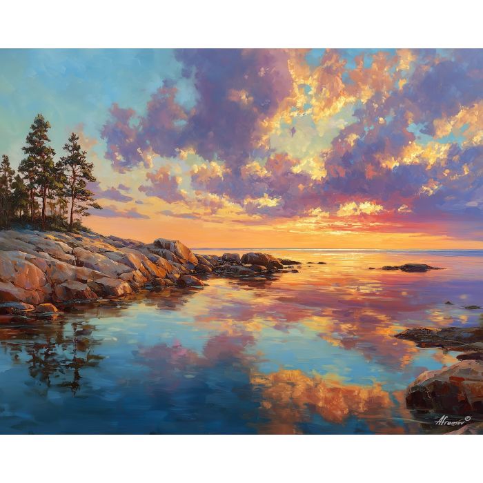 finland coast dawn,rocky shore,oil painting,afremov style