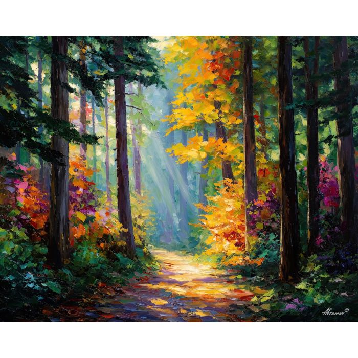 swiss forest,path landscape,oil painting,afremov style