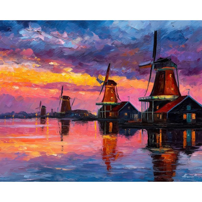 zaanse schans,windmills river,dutch heritage,oil painting,afremov style