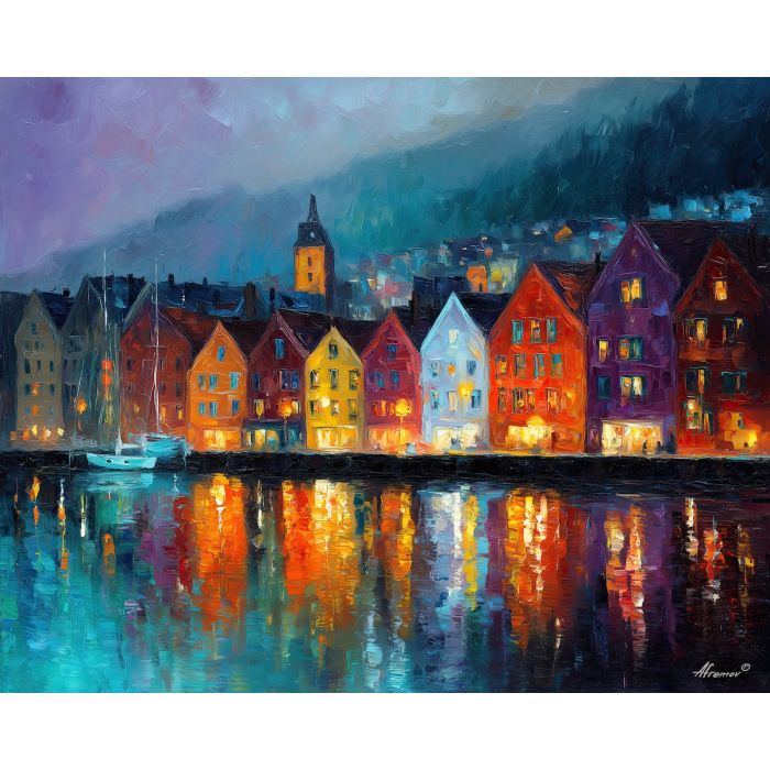 bergen bryggen,norway harbor,oil painting,rain reflections,afremov style