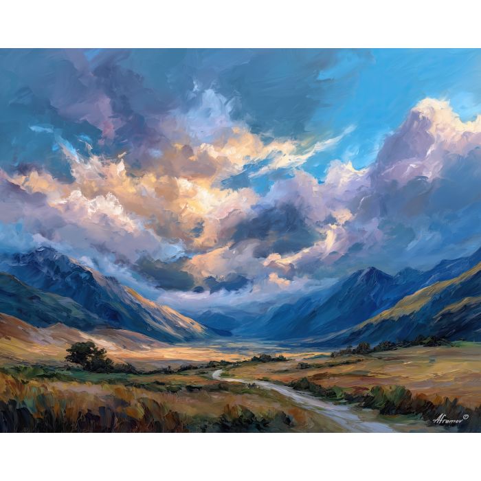 arthurs pass,new zealand mountains,oil painting,cloudy landscape,afremov style