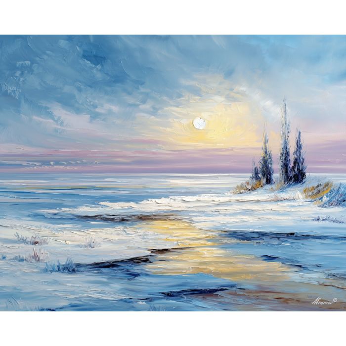 iceland winter coast,snow shoreline,oil painting,afremov style