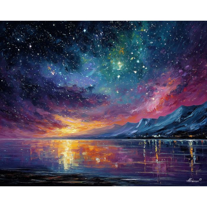sweden night sky,stars landscape,oil painting,afremov style