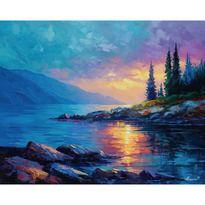 norway coast dawn,morning sea,oil painting,afremov style