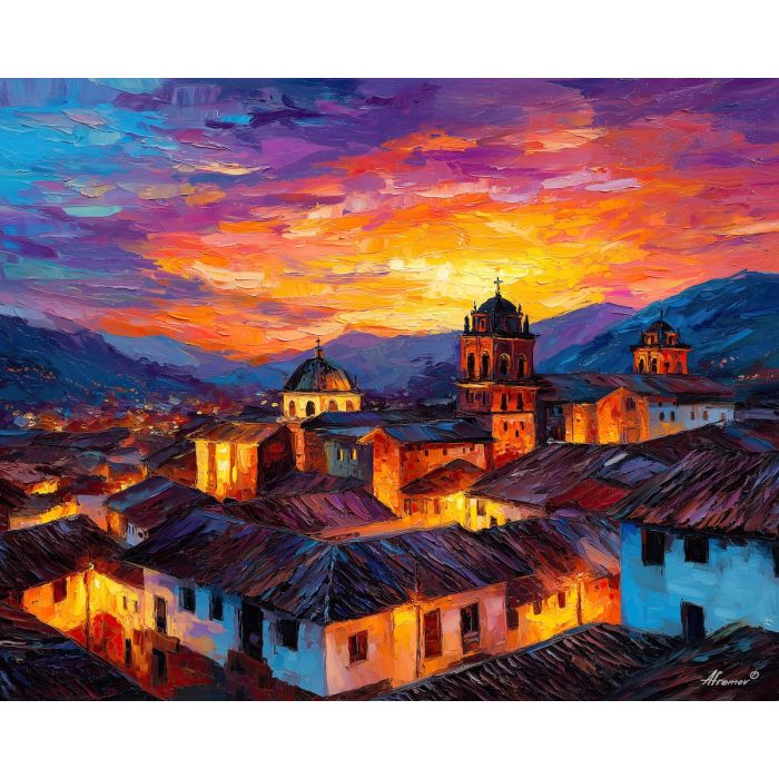 cusco sunset,rooftops,oil painting,afremov style