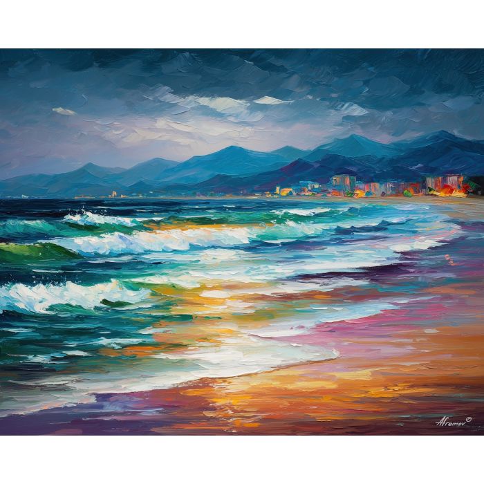 the hague coast,north sea beach,oil painting,afremov style