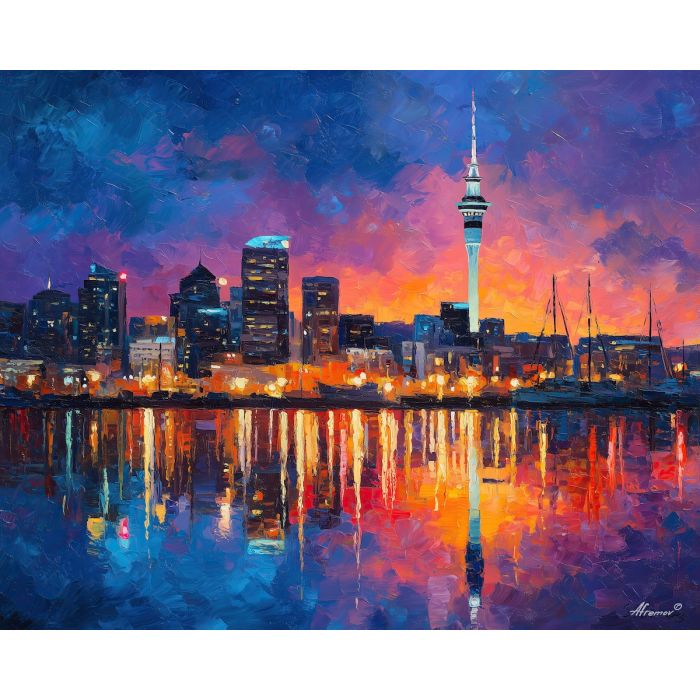 auckland skyline,new zealand city,oil painting,harbor lights,afremov style