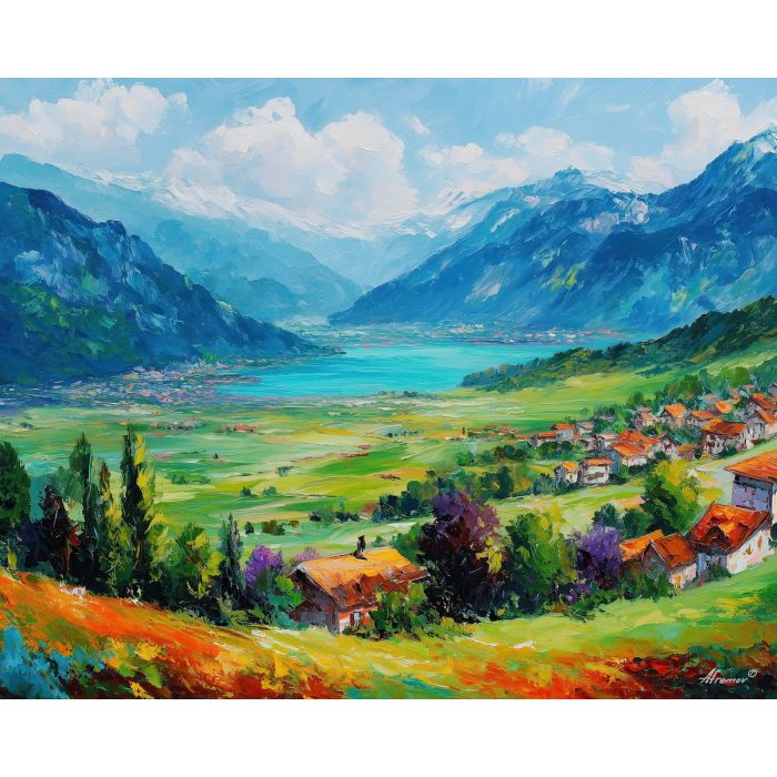 interlaken valley,swiss landscape,oil painting,afremov style