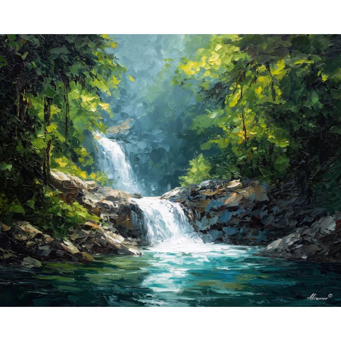 costa rica waterfall,jungle pool,oil painting,afremov style