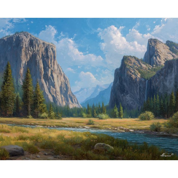 yosemite valley, granite cliffs, oil painting, usa landscape, california nature, soft light, painterly texture, calm scenery, mountain valley, natural beauty, detailed oil, serene mood, american landscape, peaceful scene, misty morning, wide view, green valley, blue sky, tranquil land, national park