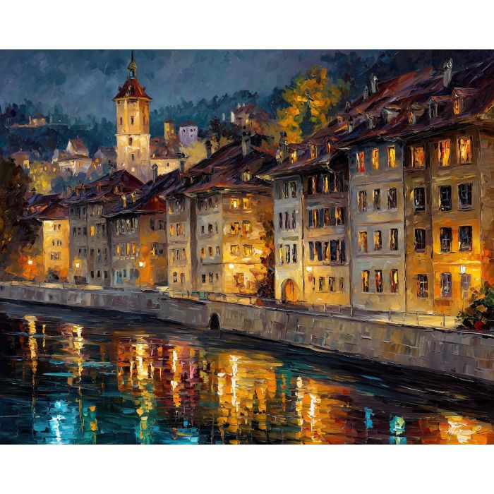 bern old town,swiss city,oil painting,river view,afremov style