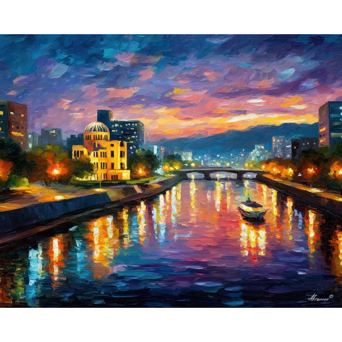 hiroshima river,city japan,oil painting,afremov style