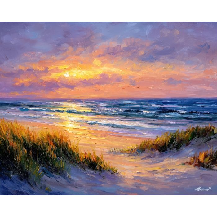 dutch coast,dawn shoreline,north sea,oil painting,afremov style