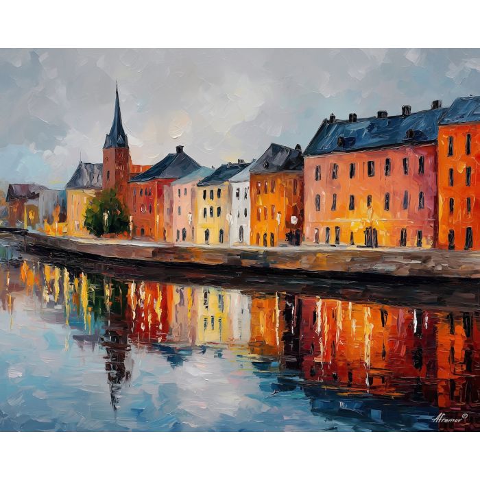 uppsala river,sweden city,oil painting,afremov style