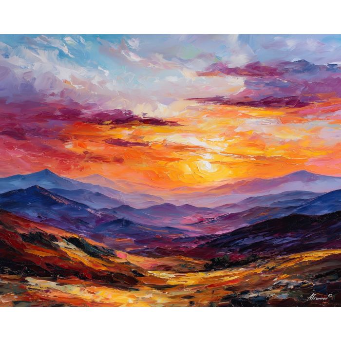 andes sunset,mountain ridge,oil painting,afremov style