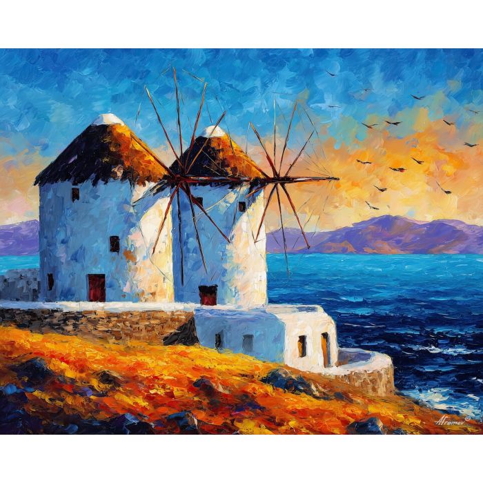 mykonos windmills,greek island,oil painting,coastal landscape,afremov style