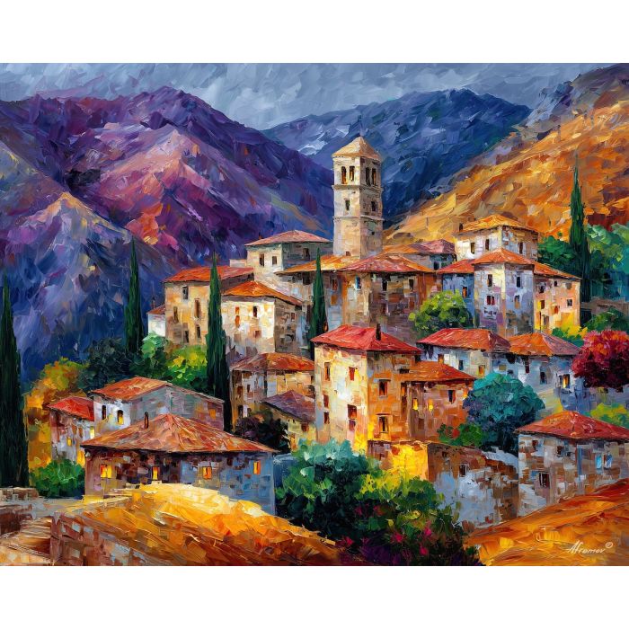 spain mountain village,stone houses,oil painting,afremov style