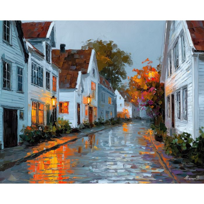 stavanger old town,norway houses,oil painting,afremov style