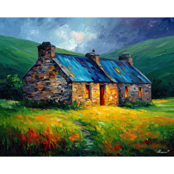 irish cottage,traditional ireland,oil painting,afremov style