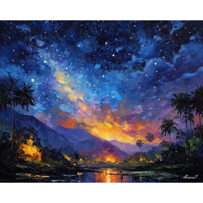 indonesia night sky,stars landscape,oil painting,afremov style
