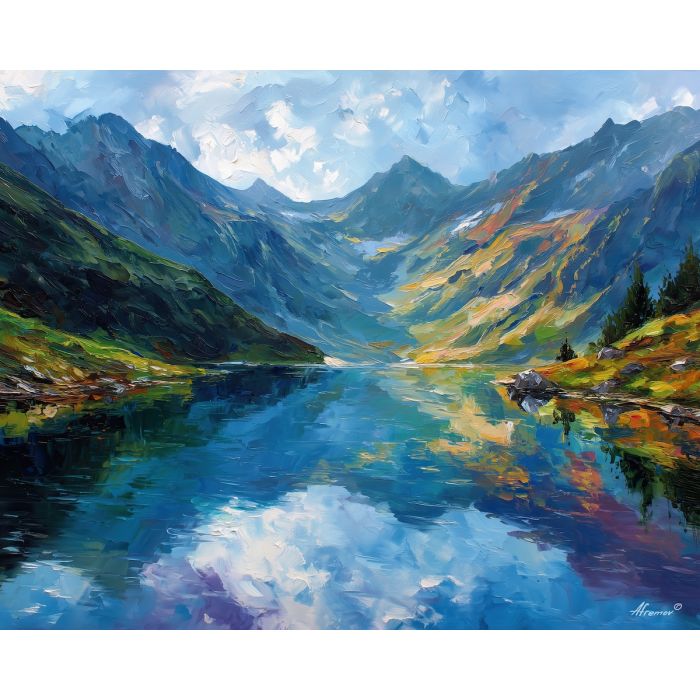 austria alpine lake,reflection landscape,oil painting,afremov style