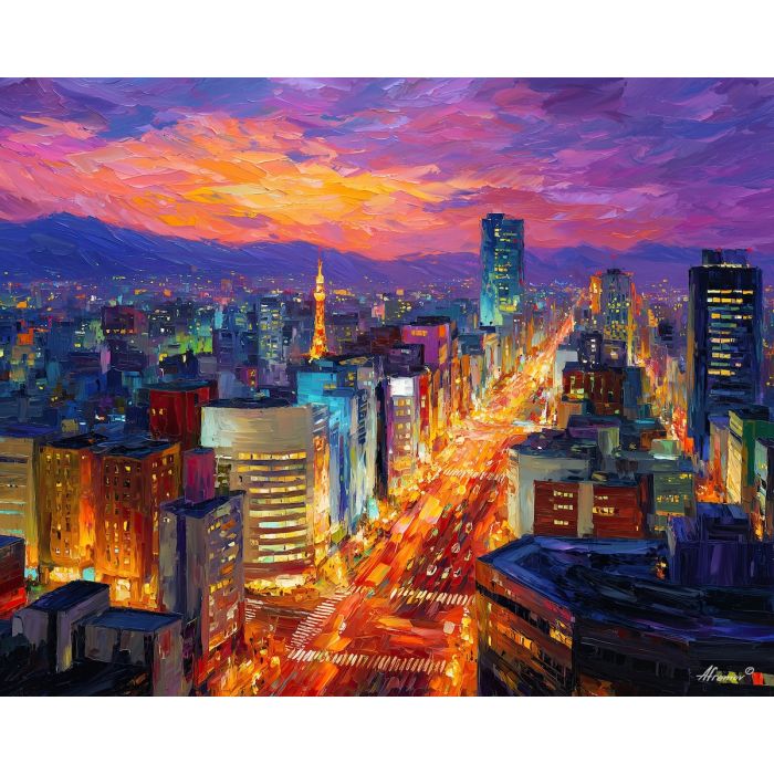 nagoya skyline,japan city,oil painting,afremov style
