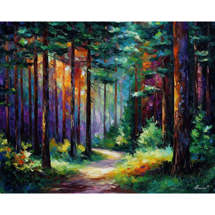 swedish forest,pine trees,pathway,oil painting,afremov style