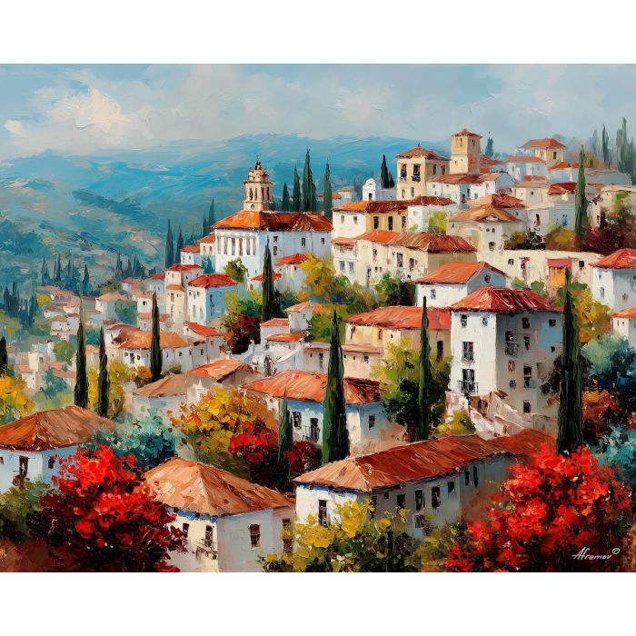granada hillside,andalusia city,oil painting,afremov style