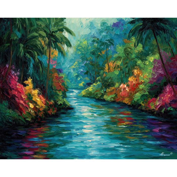 indonesia river,tropical forest,oil painting,afremov style