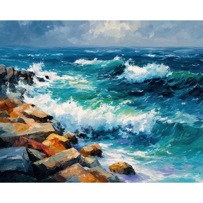 basque coast,spain shoreline,oil painting,afremov style