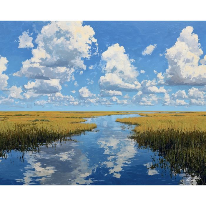 everglades wetlands, marsh landscape, oil painting, usa landscape, florida nature, painterly texture, calm scenery, wide sky, detailed oil, serene mood