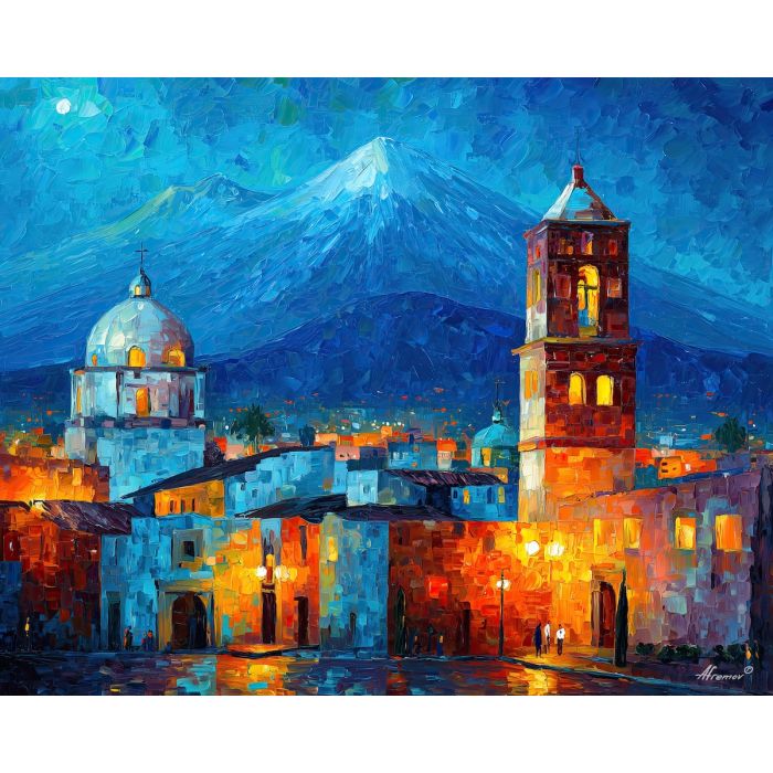 arequipa city,andes volcanoes,oil painting,afremov style