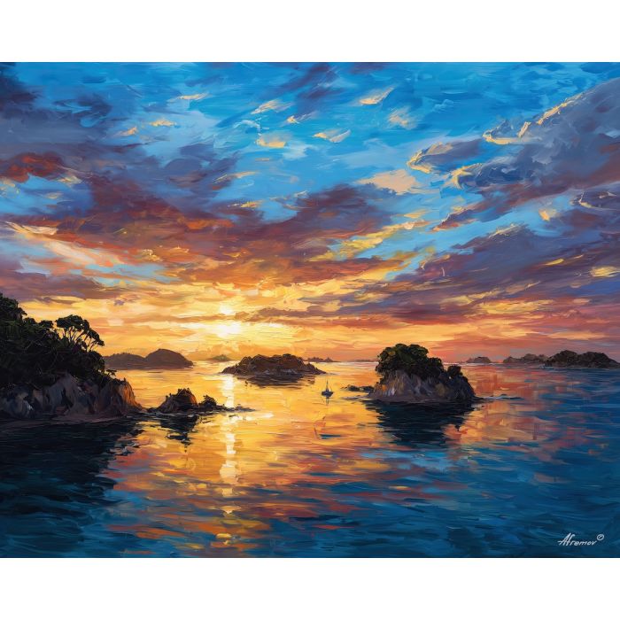 bay of islands,new zealand coast,oil painting,islands,afremov style