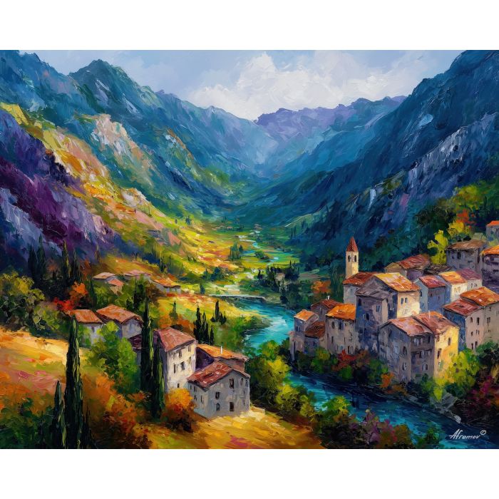 sion switzerland,valais valley,oil painting,afremov style,alpine town