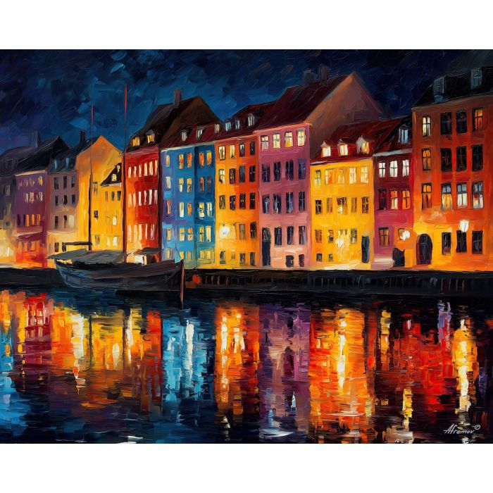 copenhagen harbor,nyhavn,denmark city,oil painting,afremov style