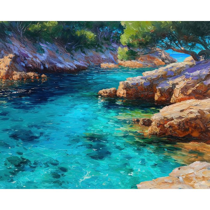 ibiza cove,balearic islands,oil painting,afremov style