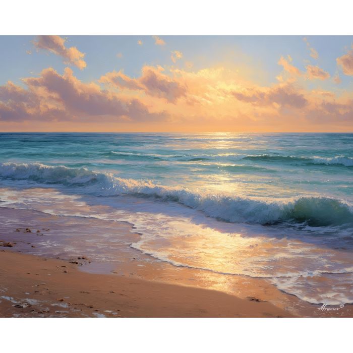 florida coast, sandy beach, oil painting, usa landscape, ocean waves, painterly texture, calm scenery, warm light, detailed oil, serene mood