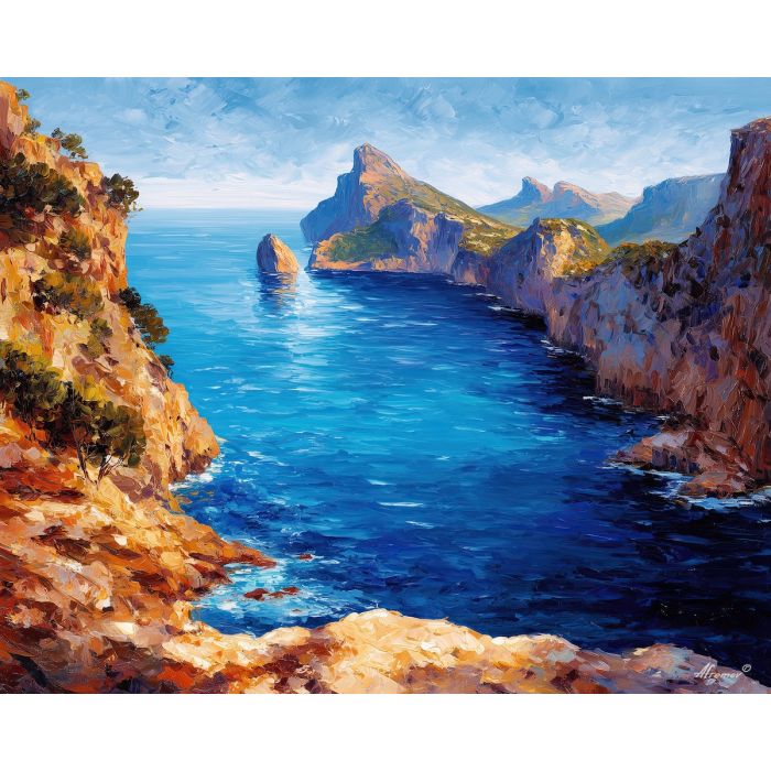 mallorca cliffs,spain coast,oil painting,afremov style