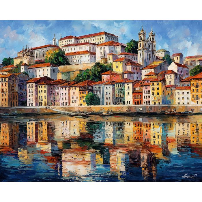 coimbra river,portugal city,oil painting,afremov style