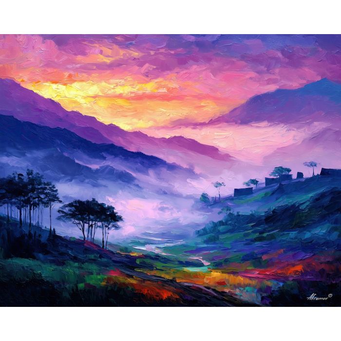 japan fog,morning landscape,oil painting,afremov style