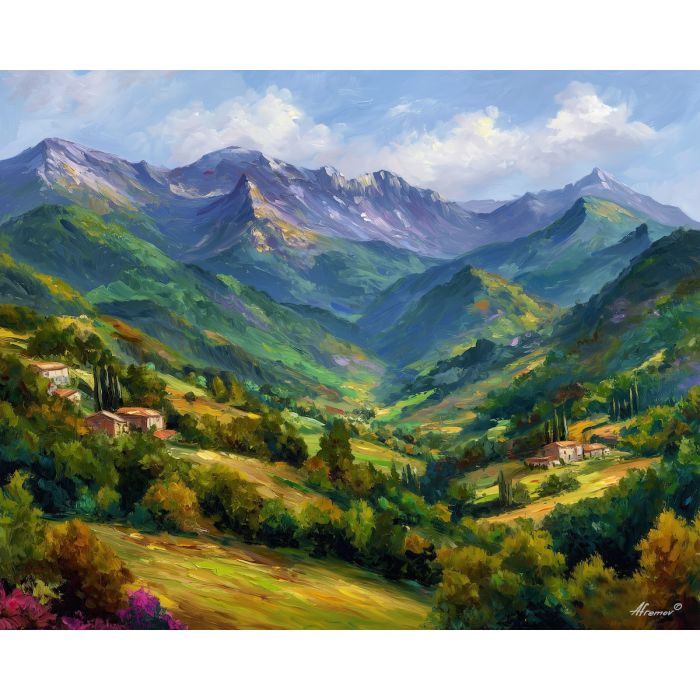 pyrenees valley,spain mountains,oil painting,afremov style