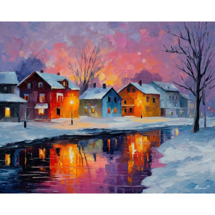 finland winter village,snow landscape,oil painting,afremov style