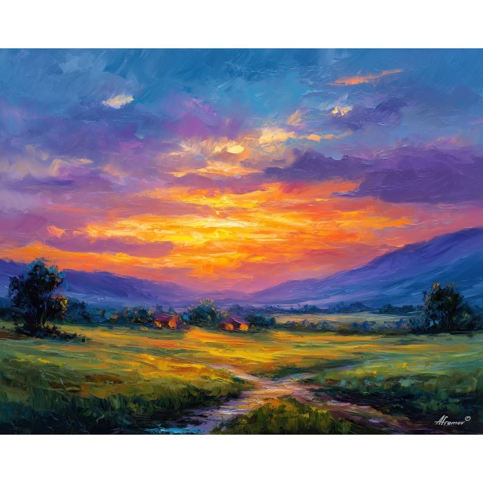 costa rica sunset fields,countryside,oil painting,afremov style