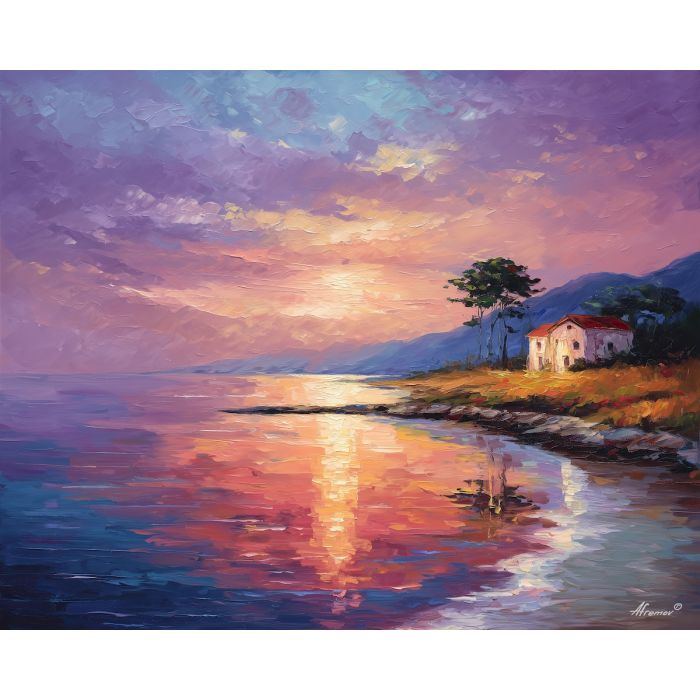 france coast dawn,shoreline light,oil painting,afremov style