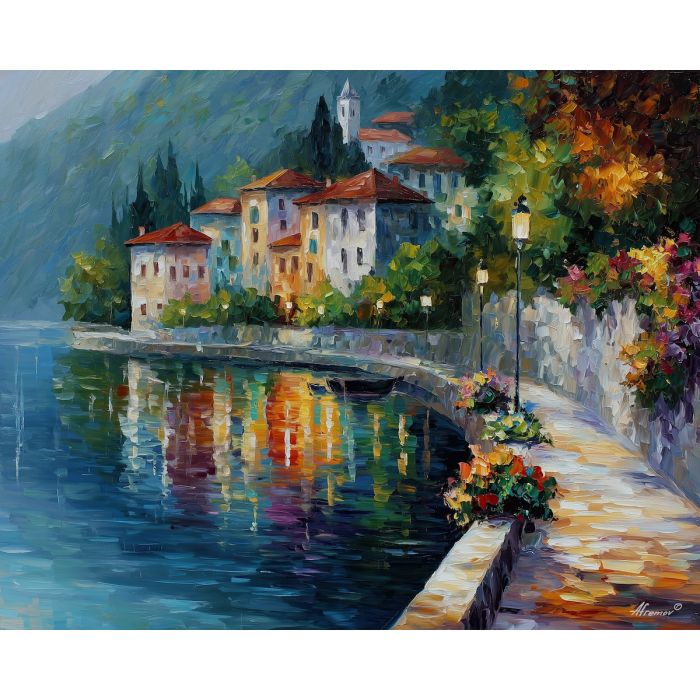 morcote village,switzerland lakeside,oil painting,afremov style