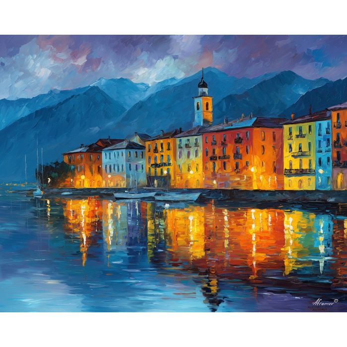 ascona lake maggiore,switzerland lakeside,oil painting,afremov style