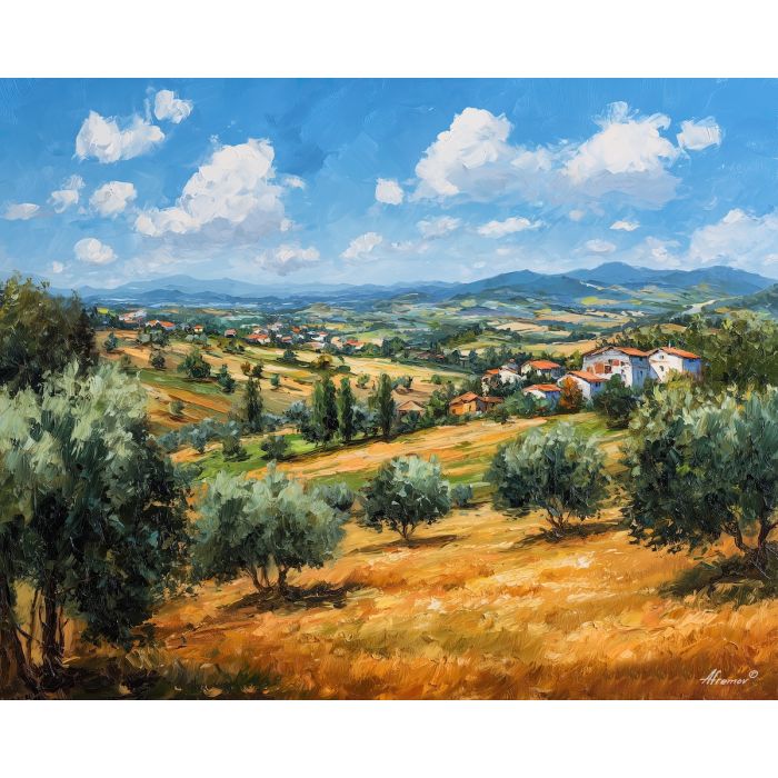 portugal countryside,olive trees,oil painting,afremov style