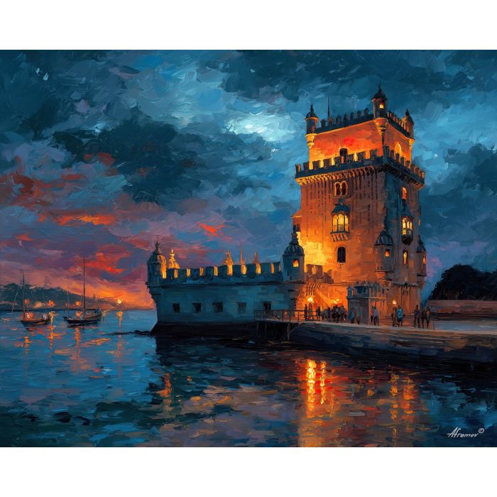 belem tower,lisbon landmark,oil painting,afremov style